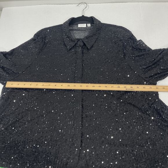 Vila Women Plus 2XL Black Sequin Blouse Button Up Collar Long Sleeve Party Shirt - Picture 7 of 10